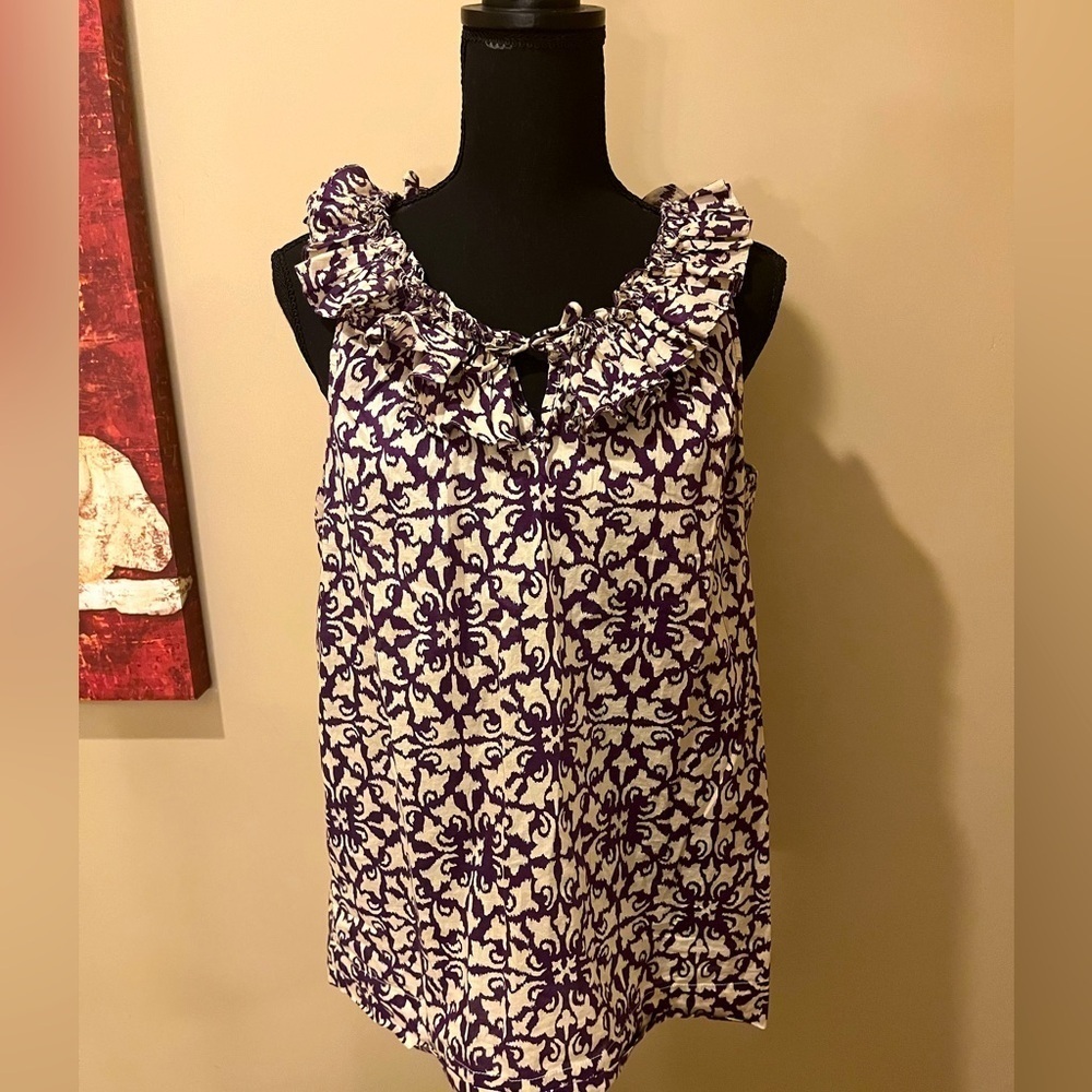 Tommy Hilfiger Edwardian Collar Sleeveless Peasant Blouse in Grape/Ecru, size M